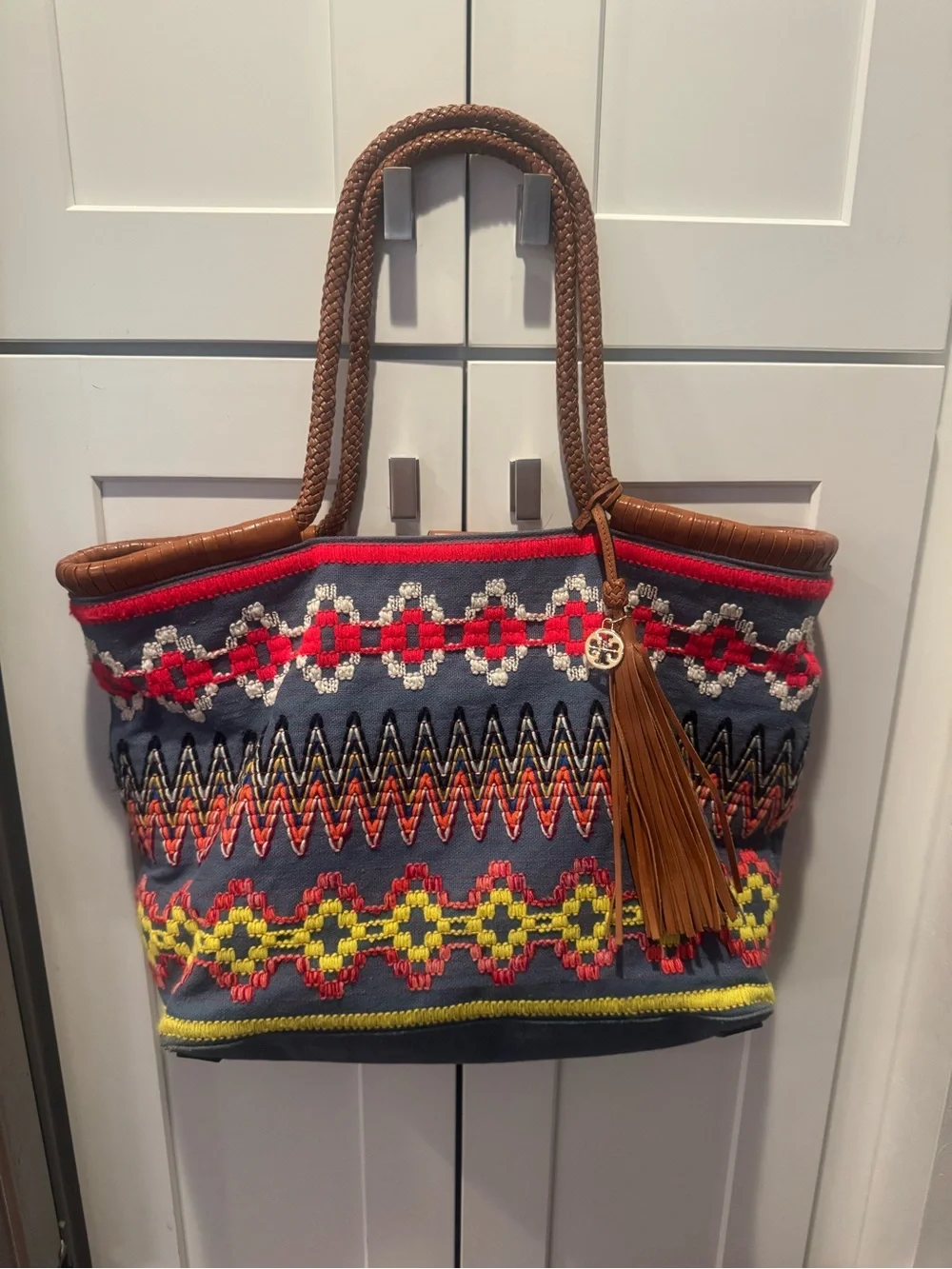 Tory Burch Taylor Aztec Linen Multicolor Woven Tote with Tassel